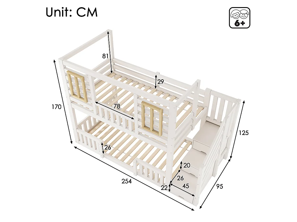 Letto a castello stile baita 90×200 cm bianco per bambini con scala-armadio e finestre in legno – EN747 sicurezza