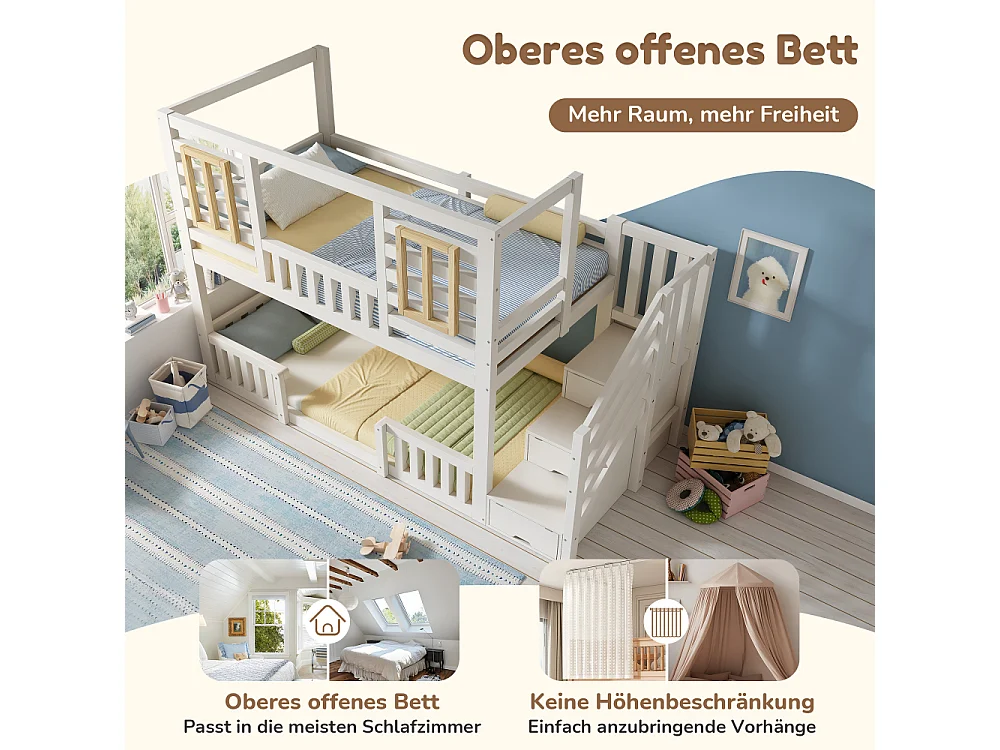 Letto a castello stile baita 90×200 cm bianco per bambini con scala-armadio e finestre in legno – EN747 sicurezza