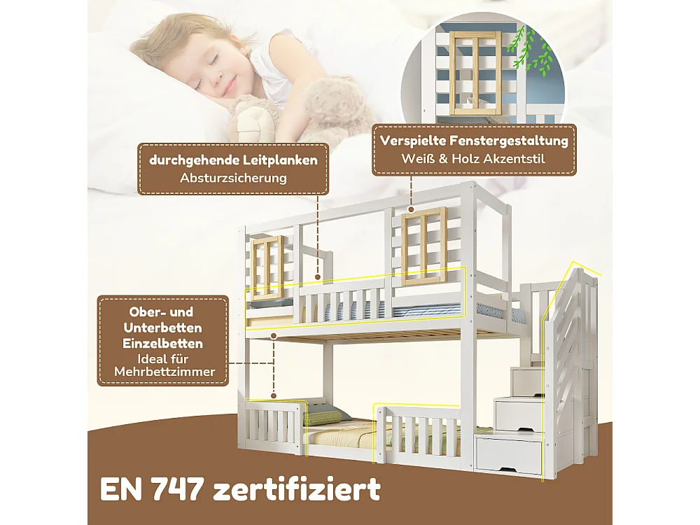 Letto a castello stile baita 90×200 cm bianco per bambini con scala-armadio e finestre in legno – EN747 sicurezza