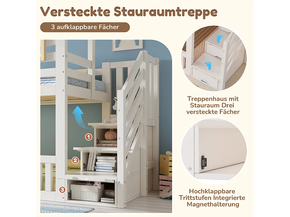 Letto a castello stile baita 90×200 cm bianco per bambini con scala-armadio e finestre in legno – EN747 sicurezza