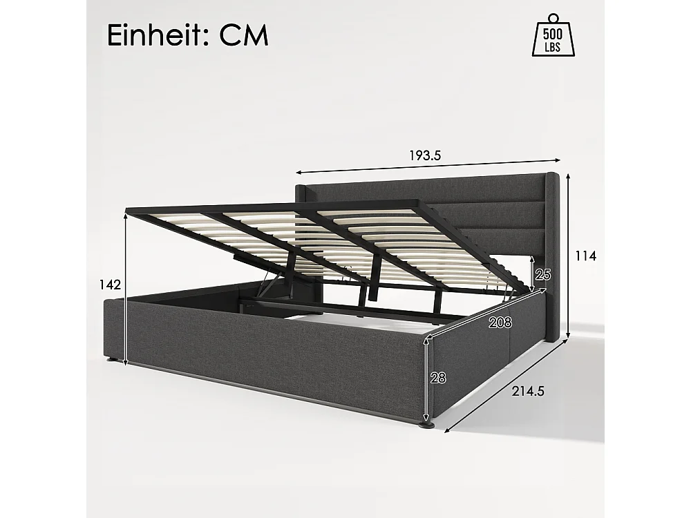 Letto contenitore idraulico imbottito in lino, struttura metallica, doghe in legno, cassone robusto, design moderno