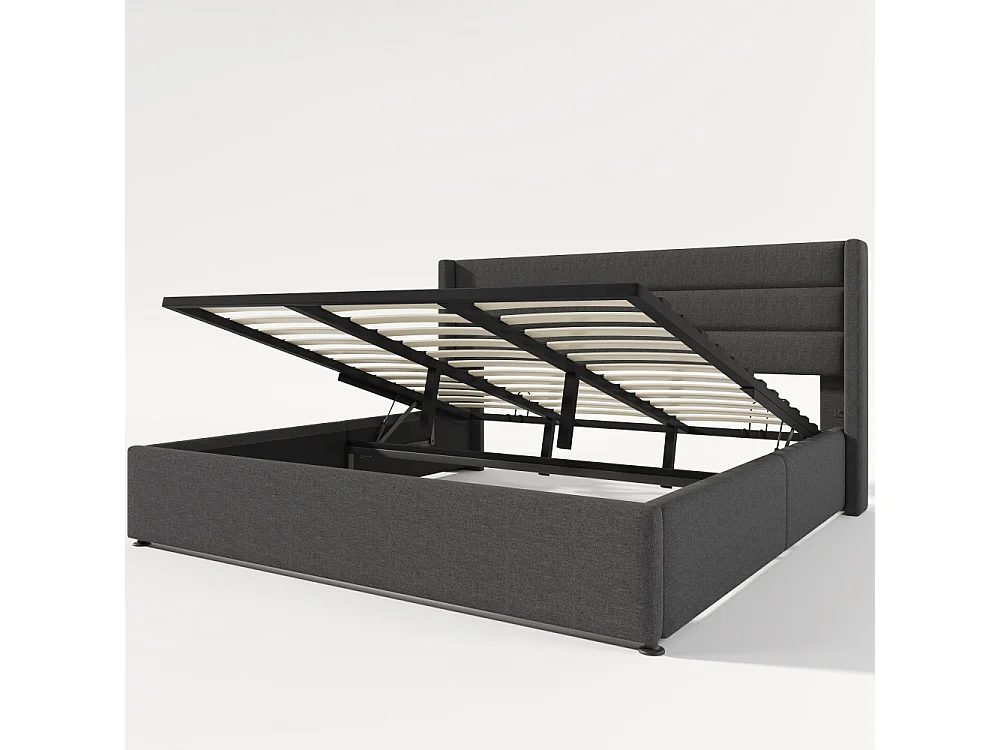 Letto contenitore idraulico imbottito in lino, struttura metallica, doghe in legno, cassone robusto, design moderno