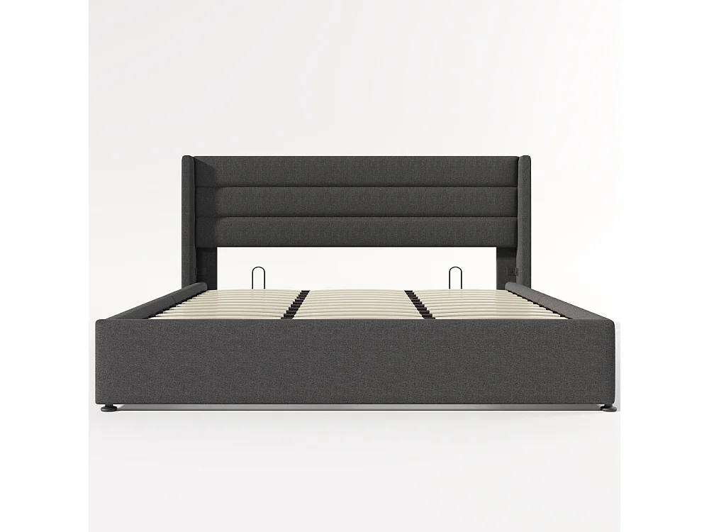 Letto contenitore idraulico imbottito in lino, struttura metallica, doghe in legno, cassone robusto, design moderno