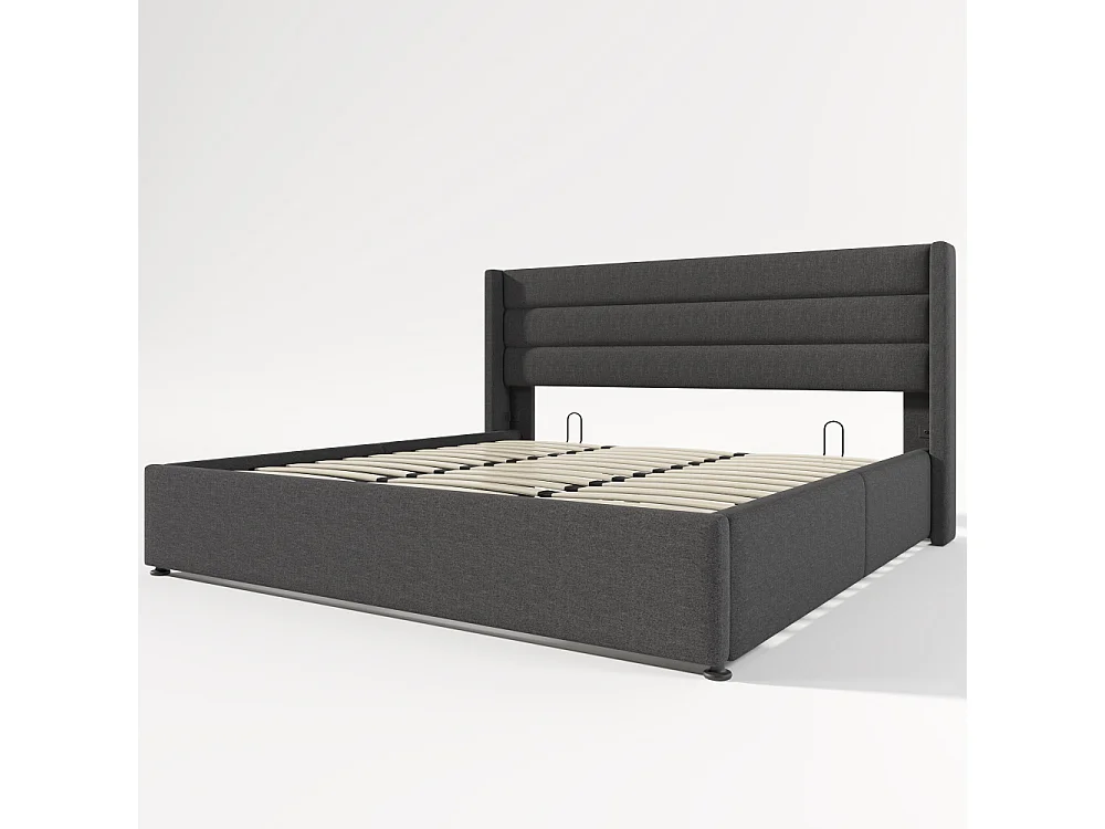 Letto contenitore idraulico imbottito in lino, struttura metallica, doghe in legno, cassone robusto, design moderno