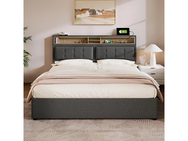 Lit rembourré double 160x200 avec USB-C, rangement intelligent et confort premium