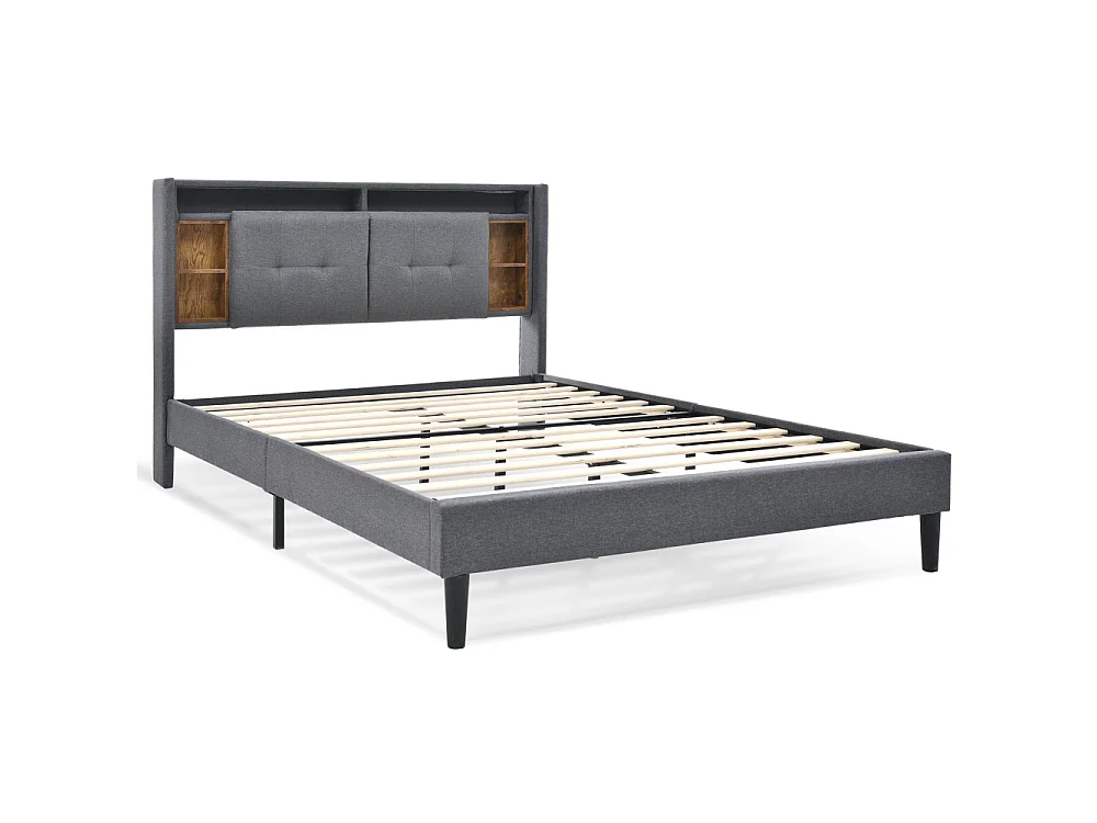 Cama Doble Tapizada 140x200 cm con Colchón, LED, Puerto USB, Almacenamiento en Cabecero y Somier de Madera.