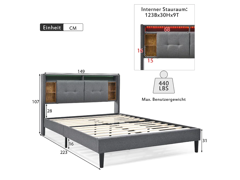 Cama Doble Tapizada 140x200 cm con Colchón, LED, Puerto USB, Almacenamiento en Cabecero y Somier de Madera.