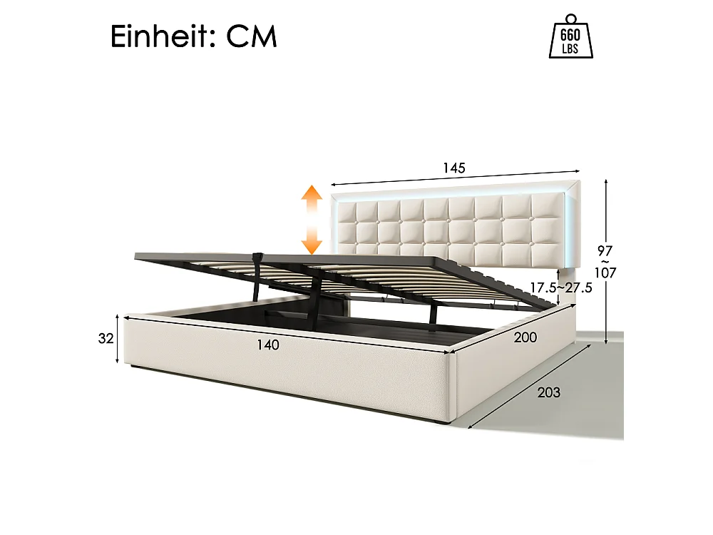 Cama tapizada con LED y almacenaje,cama doble,blanco,PU,con somier de láminas,cama hidráulica funcional,estructura moderna,almacenaje confort