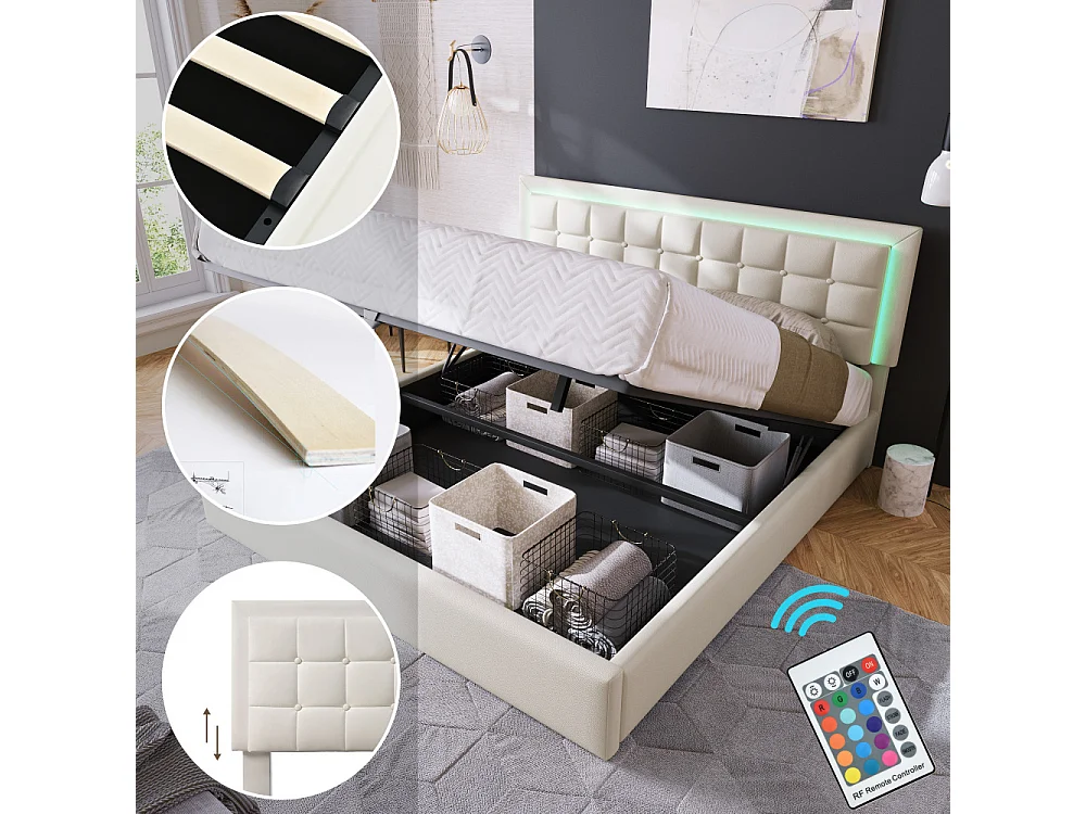 Cama tapizada con LED y almacenaje,cama doble,blanco,PU,con somier de láminas,cama hidráulica funcional,estructura moderna,almacenaje confort