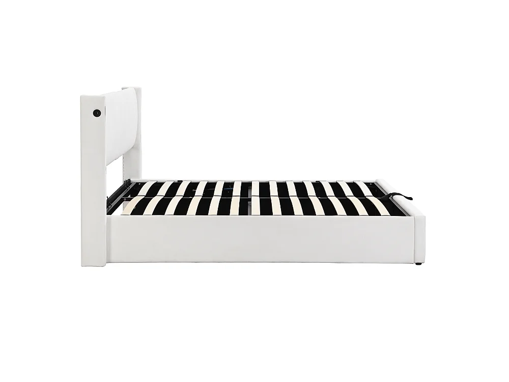 Lit rembourré LED hydraulique 140x190 cm USB-C rangement PU blanc tête réglable confort moderne