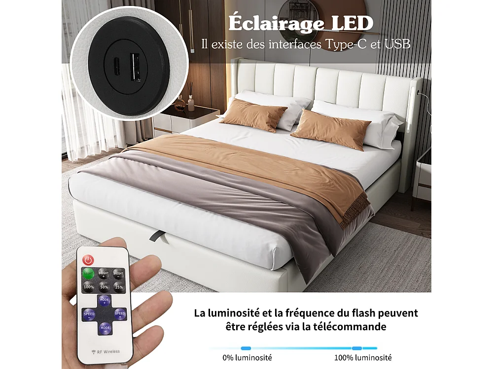 Lit rembourré LED hydraulique 140x190 cm USB-C rangement PU blanc tête réglable confort moderne