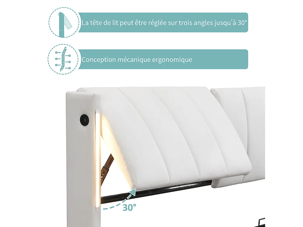 Lit rembourré LED hydraulique 140x190 cm USB-C rangement PU blanc tête réglable confort moderne