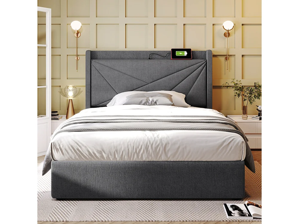Eenpersoonsbed 90x200 cm met opbergdoos, USB Type-C en geometrisch hoofdeinde in moderne linnenstof