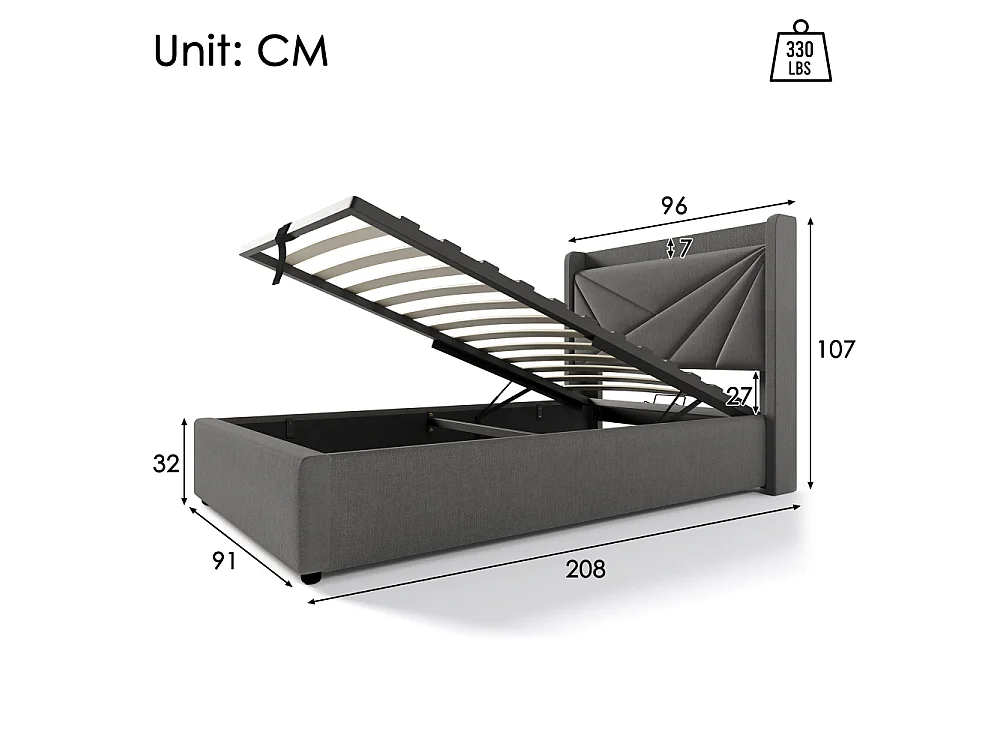 Eenpersoonsbed 90x200 cm met opbergdoos, USB Type-C en geometrisch hoofdeinde in moderne linnenstof