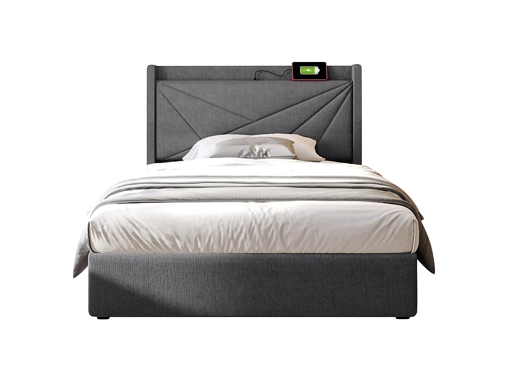 Eenpersoonsbed 90x200 cm met opbergdoos, USB Type-C en geometrisch hoofdeinde in moderne linnenstof