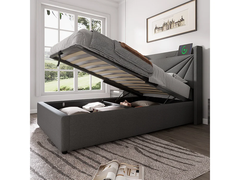 Eenpersoonsbed 90x200 cm met opbergdoos, USB Type-C en geometrisch hoofdeinde in moderne linnenstof