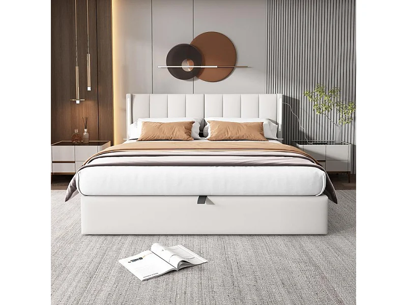 Letto LED Binaurale Imbottito 180x200 cm Idraulico PU Bianco Ricarica USB-C Design Moderno