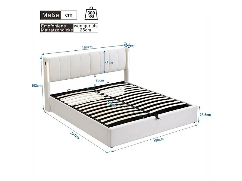 Letto LED Binaurale Imbottito 180x200 cm Idraulico PU Bianco Ricarica USB-C Design Moderno