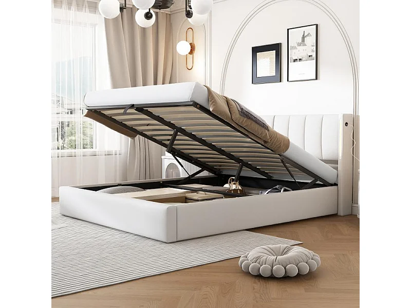 Letto LED Binaurale Imbottito 180x200 cm Idraulico PU Bianco Ricarica USB-C Design Moderno
