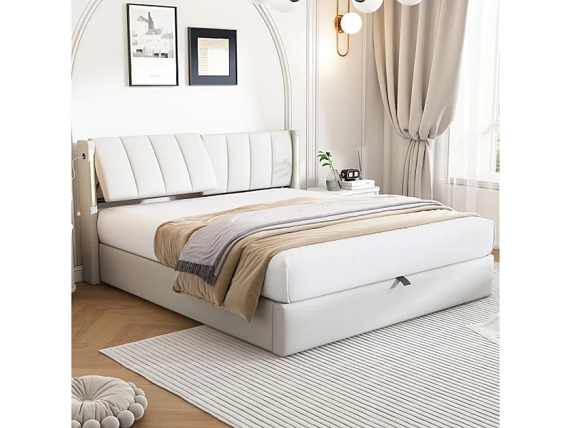 Letto LED Binaurale Imbottito 180x200 cm Idraulico PU Bianco Ricarica USB-C Design Moderno