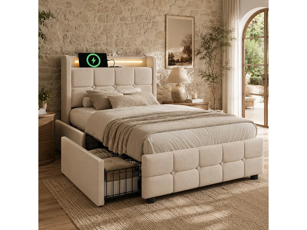 Lit imbottito 90x200 cm USB LED testiera con prese 2 cassetti contenitore legno metallo beige moderno