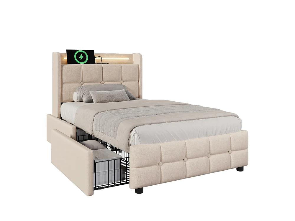 Lit imbottito 90x200 cm USB LED testiera con prese 2 cassetti contenitore legno metallo beige moderno