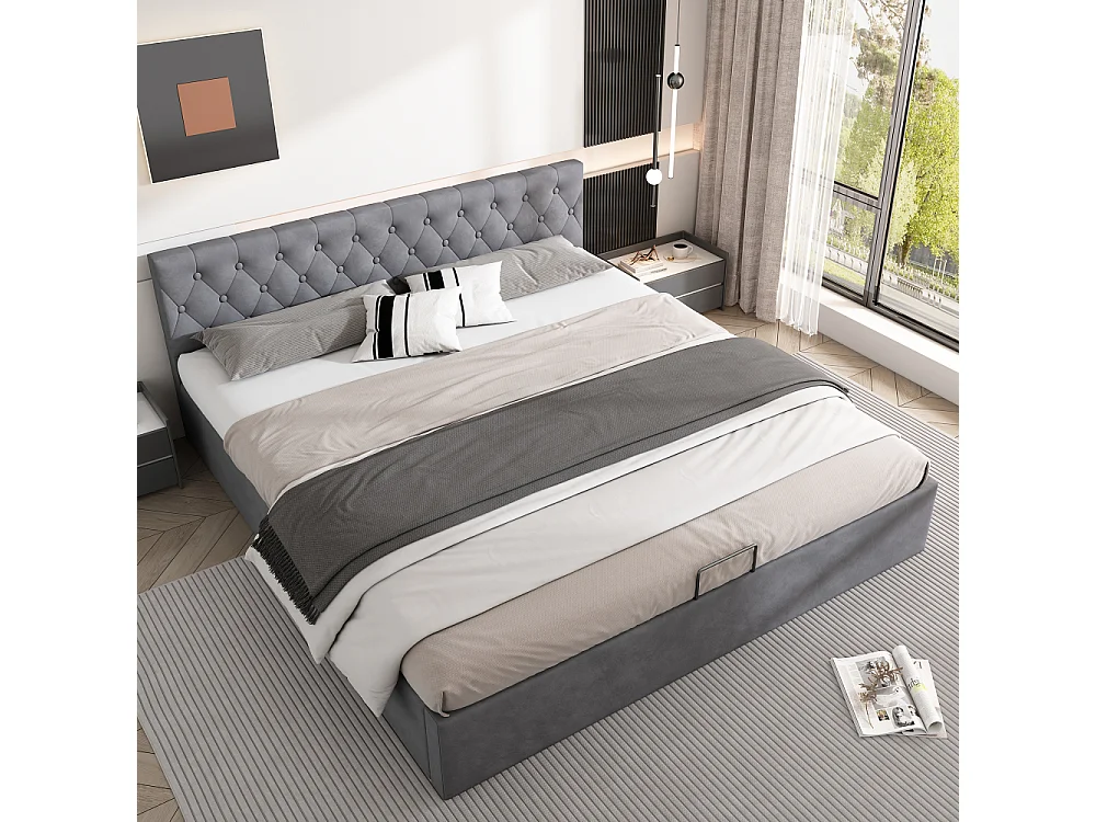 Lit coffre 180x200 cm velours gris capitonné hydraulique avec sommier à lattes double couchage rangement