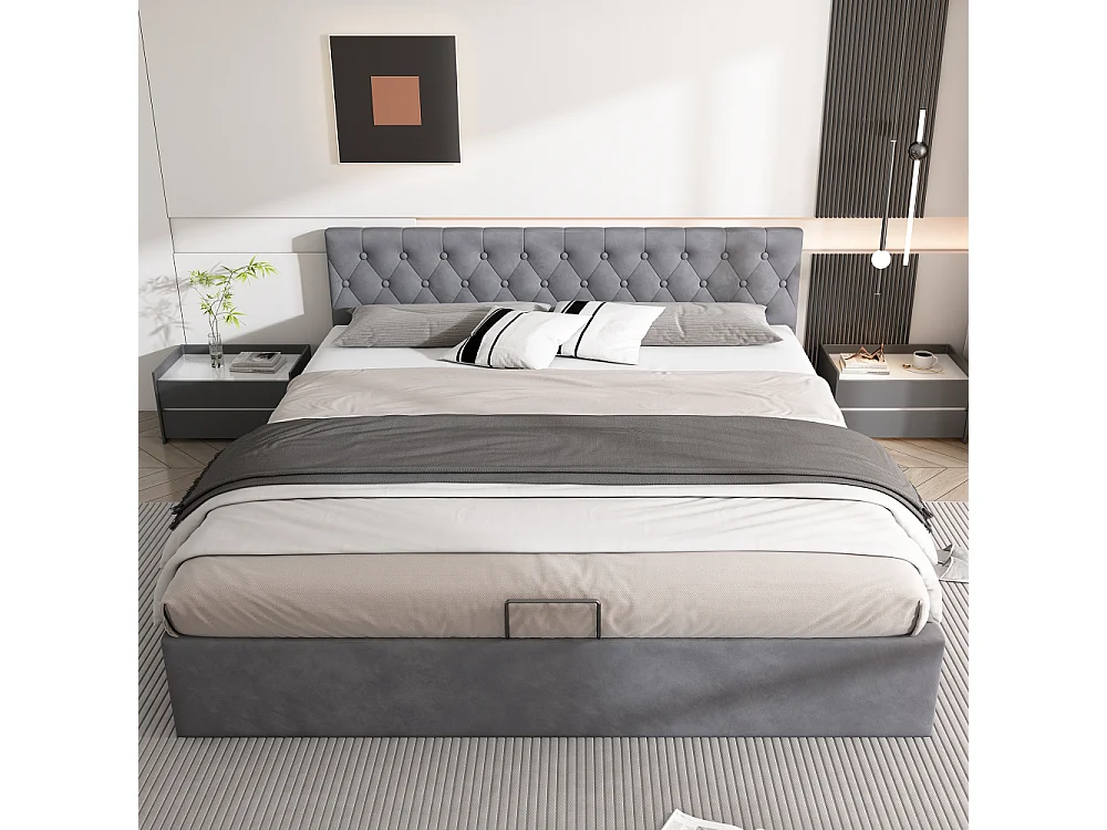Lit coffre 180x200 cm velours gris capitonné hydraulique avec sommier à lattes double couchage rangement