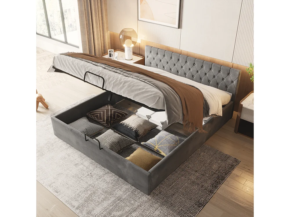 Lit coffre 180x200 cm velours gris capitonné hydraulique avec sommier à lattes double couchage rangement
