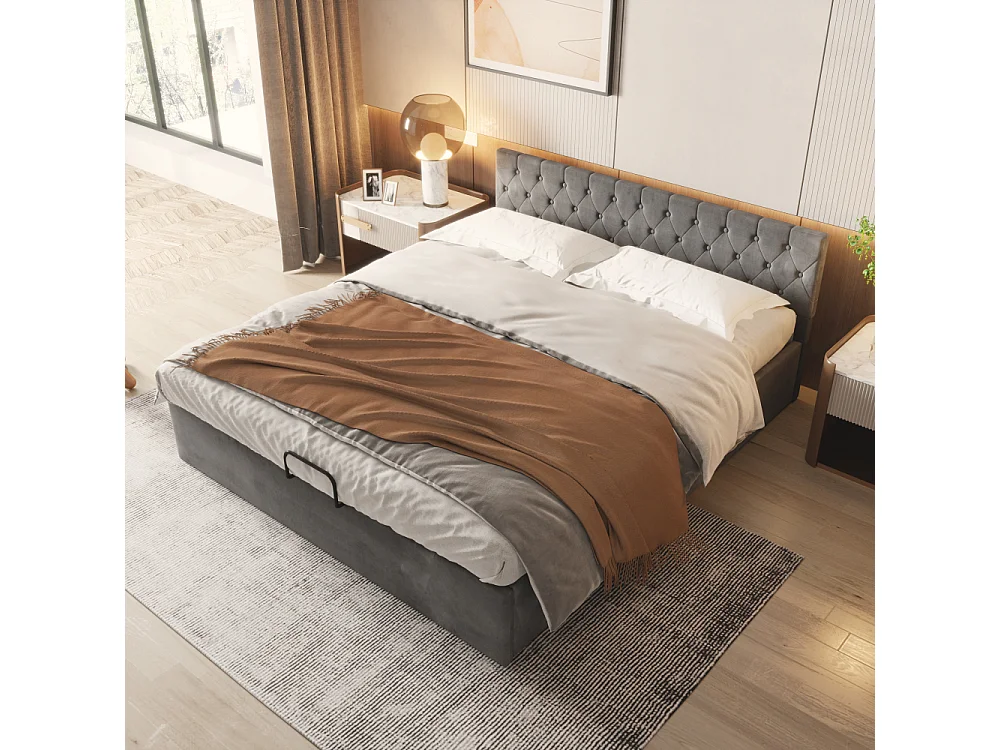 Lit coffre 180x200 cm velours gris capitonné hydraulique avec sommier à lattes double couchage rangement