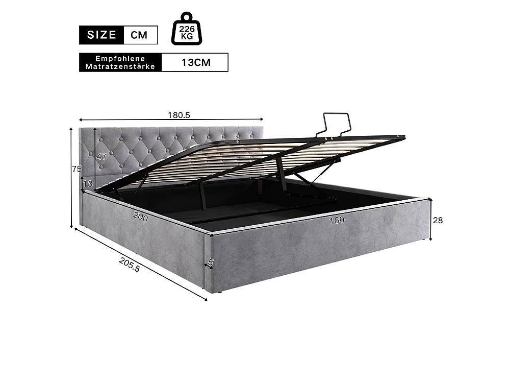 Lit coffre 180x200 cm velours gris capitonné hydraulique avec sommier à lattes double couchage rangement