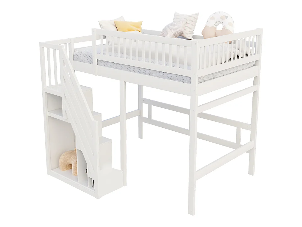 Cama de madera maciza 140×200 con escalera de almacenaje integrada – cama espaciosa para niños y adolescentes ahorradora de espacio