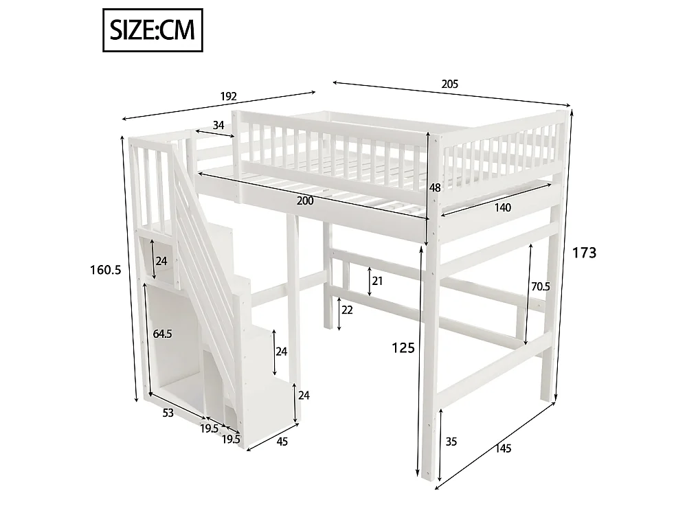 Cama de madera maciza 140×200 con escalera de almacenaje integrada – cama espaciosa para niños y adolescentes ahorradora de espacio