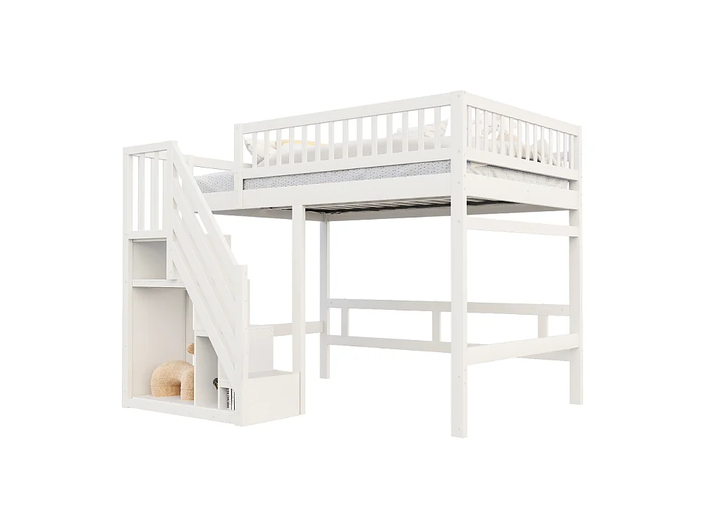 Cama de madera maciza 140×200 con escalera de almacenaje integrada – cama espaciosa para niños y adolescentes ahorradora de espacio