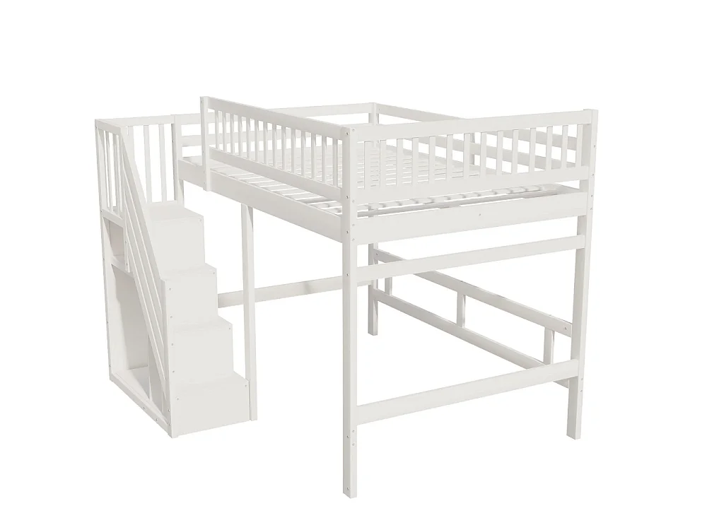 Cama de madera maciza 140×200 con escalera de almacenaje integrada – cama espaciosa para niños y adolescentes ahorradora de espacio