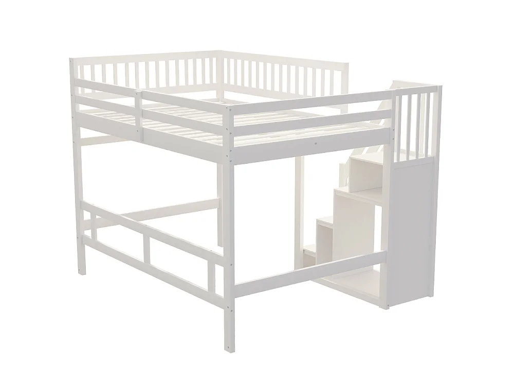Cama de madera maciza 140×200 con escalera de almacenaje integrada – cama espaciosa para niños y adolescentes ahorradora de espacio