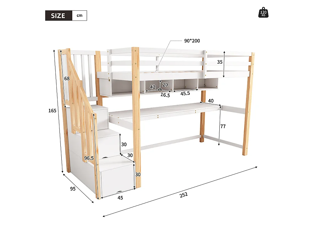 Letto soppalco per bambini con grande scrivania e mensole, scala contenitore, legno massello MDF bianco naturale