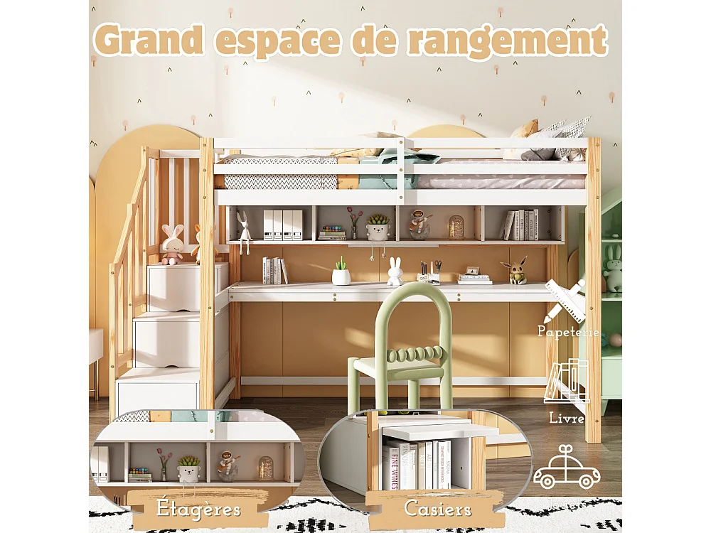 Letto soppalco per bambini con grande scrivania e mensole, scala contenitore, legno massello MDF bianco naturale