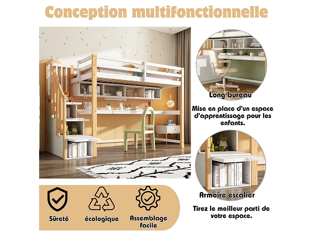 Letto soppalco per bambini con grande scrivania e mensole, scala contenitore, legno massello MDF bianco naturale