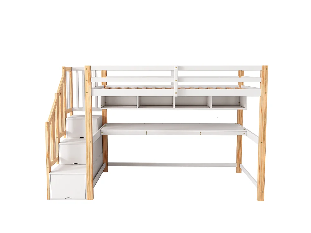 Letto soppalco per bambini con grande scrivania e mensole, scala contenitore, legno massello MDF bianco naturale