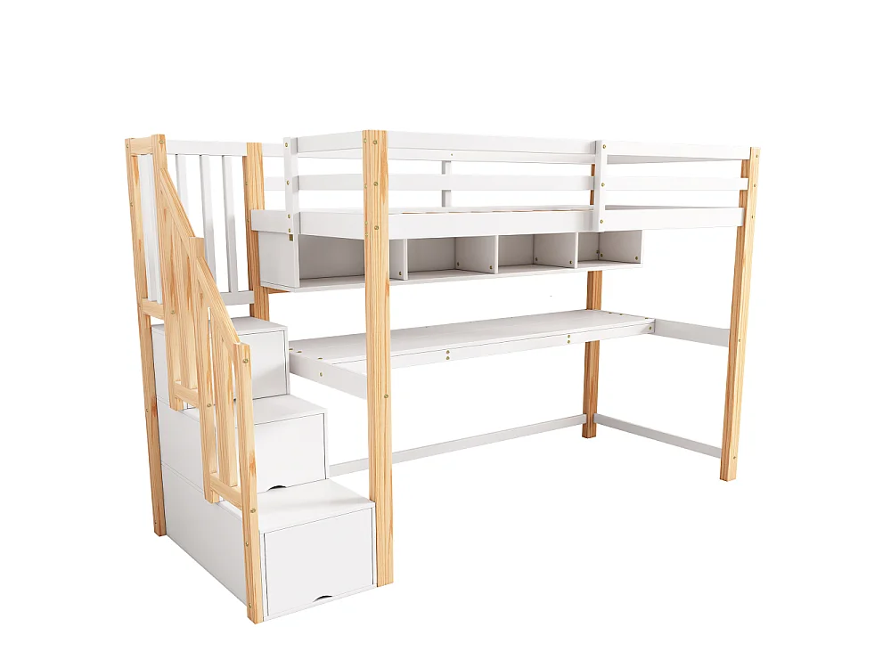 Letto soppalco per bambini con grande scrivania e mensole, scala contenitore, legno massello MDF bianco naturale