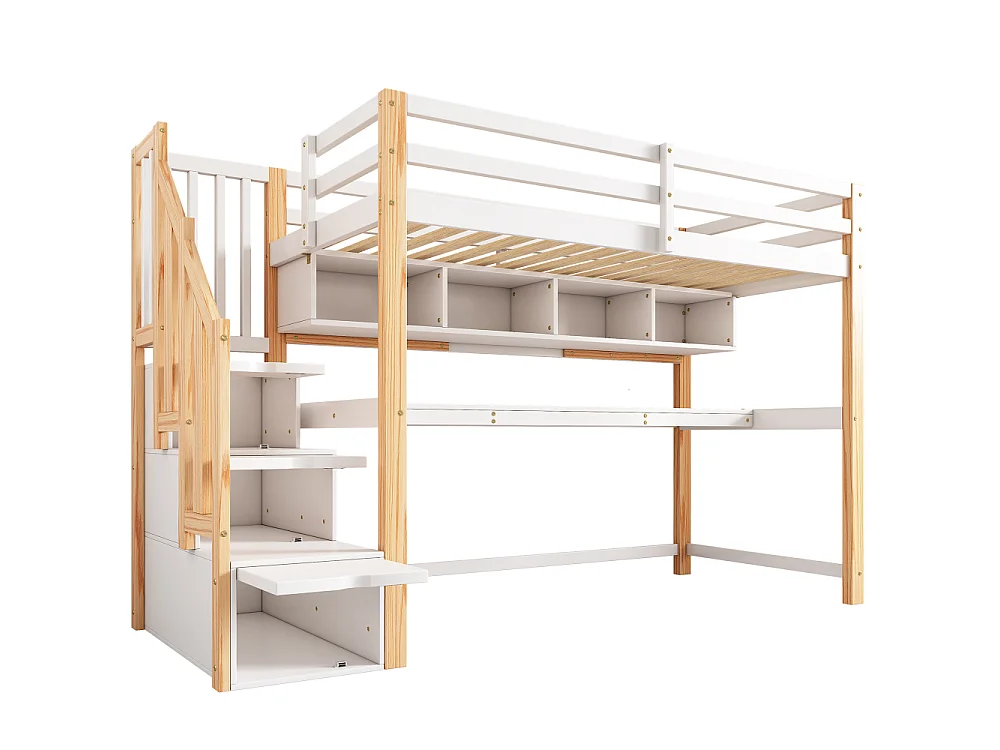 Letto soppalco per bambini con grande scrivania e mensole, scala contenitore, legno massello MDF bianco naturale