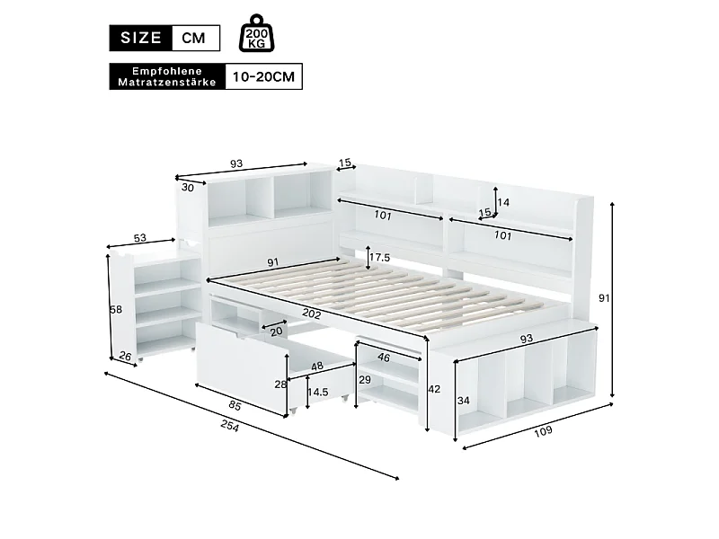 Cama Infantil 90×200 cm con Almacenaje, Biblioteca, Cajón, Armario Integrado y Somier de Láminas Blanco