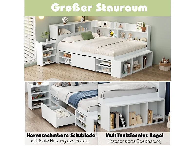 Cama Infantil 90×200 cm con Almacenaje, Biblioteca, Cajón, Armario Integrado y Somier de Láminas Blanco