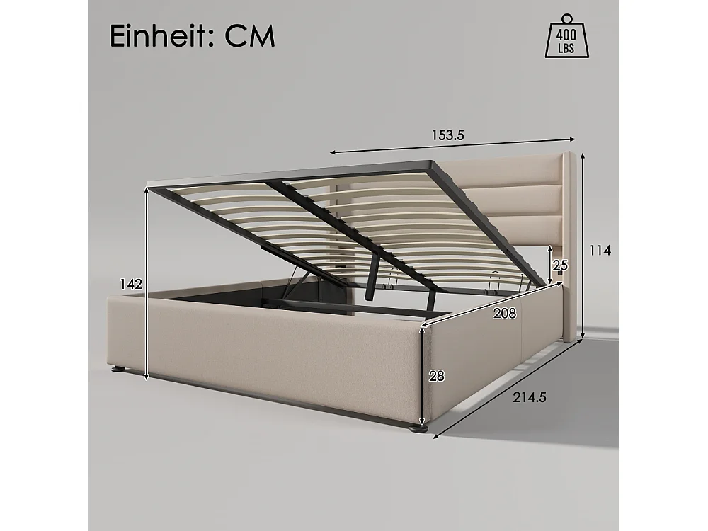 Hydraulisch opbergbed 140×200 in linnen met matras 620 veren, opbergruimte en versterkte structuur