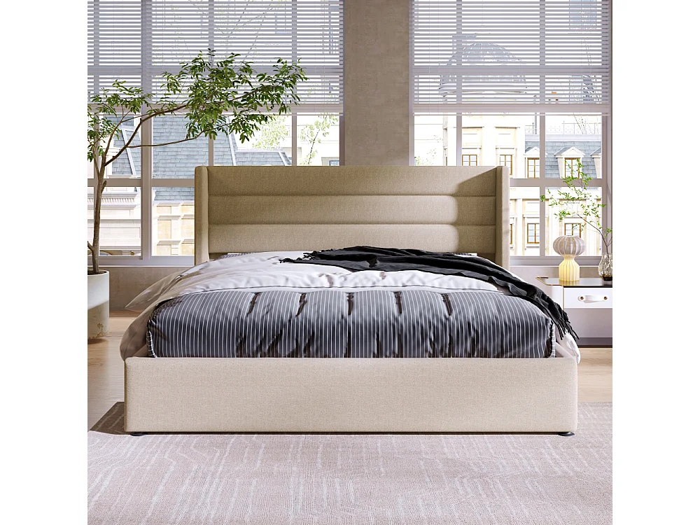 Hydraulisch opbergbed 140×200 in linnen met matras 620 veren, opbergruimte en versterkte structuur