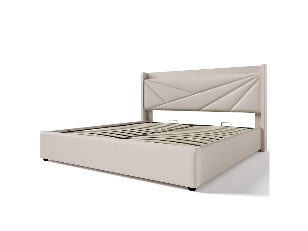 Cama Doble 140x200 cm con Cofre de Almacenamiento, USB Type-C y Cabecero Geométrico en Tela de Lino Moderno