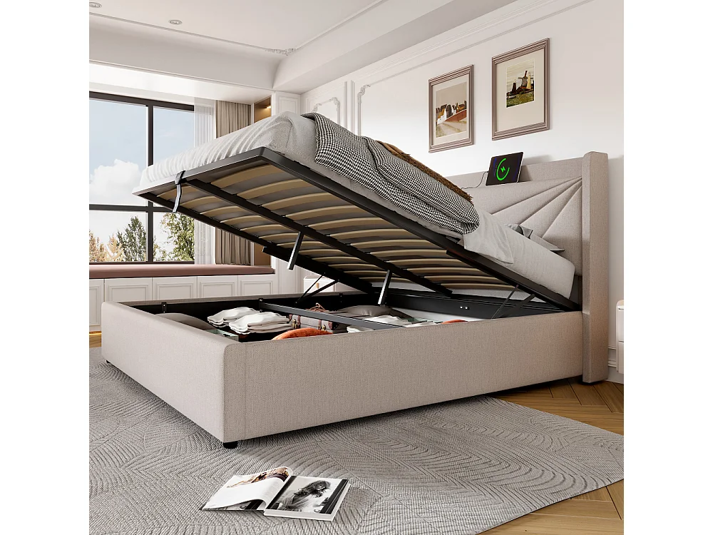 Cama Doble 140x200 cm con Cofre de Almacenamiento, USB Type-C y Cabecero Geométrico en Tela de Lino Moderno
