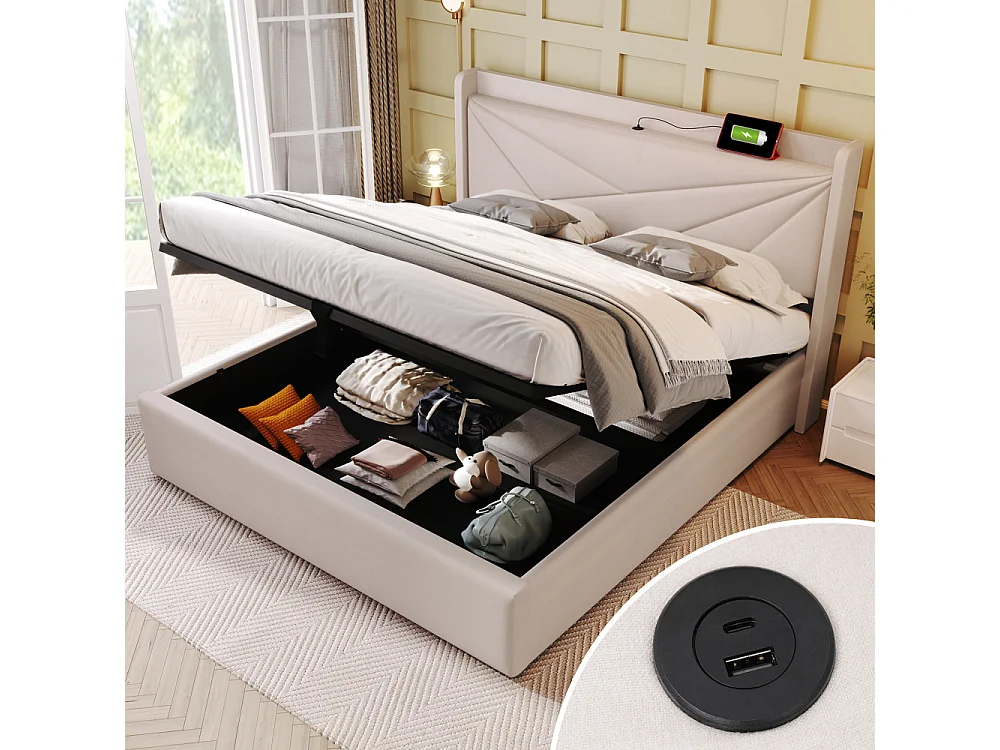 Cama Doble 140x200 cm con Cofre de Almacenamiento, USB Type-C y Cabecero Geométrico en Tela de Lino Moderno