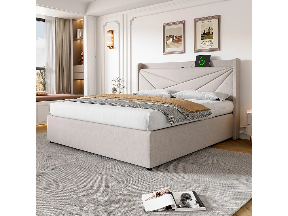 Cama Doble 140x200 cm con Cofre de Almacenamiento, USB Type-C y Cabecero Geométrico en Tela de Lino Moderno